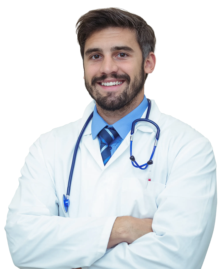 Smiling male healthcare professional wearing a white medical coat and stethoscope, representing qualified allied health staffing and healthcare workforce solutions.